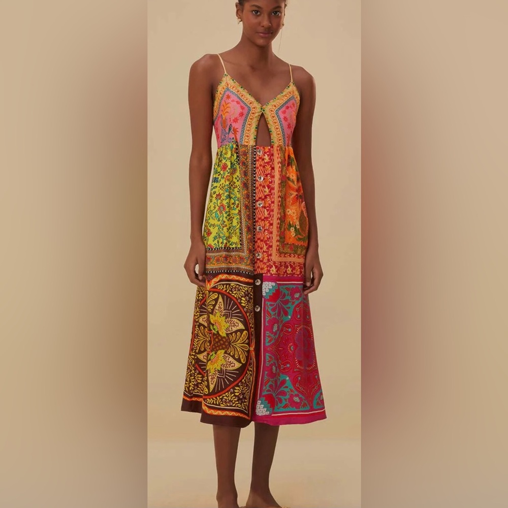 Farm Rio Multi-Colored Mixed Scarves Cut-out Midi Dress Size 8 (Medium)